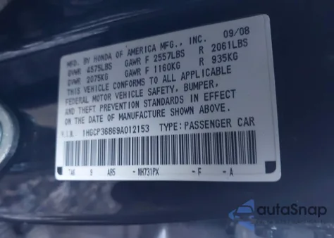 2009 Honda Accord Sdn 3.5 Ex-L/Ex-L from USA, damaged, VIN 1HGCP36869A012153